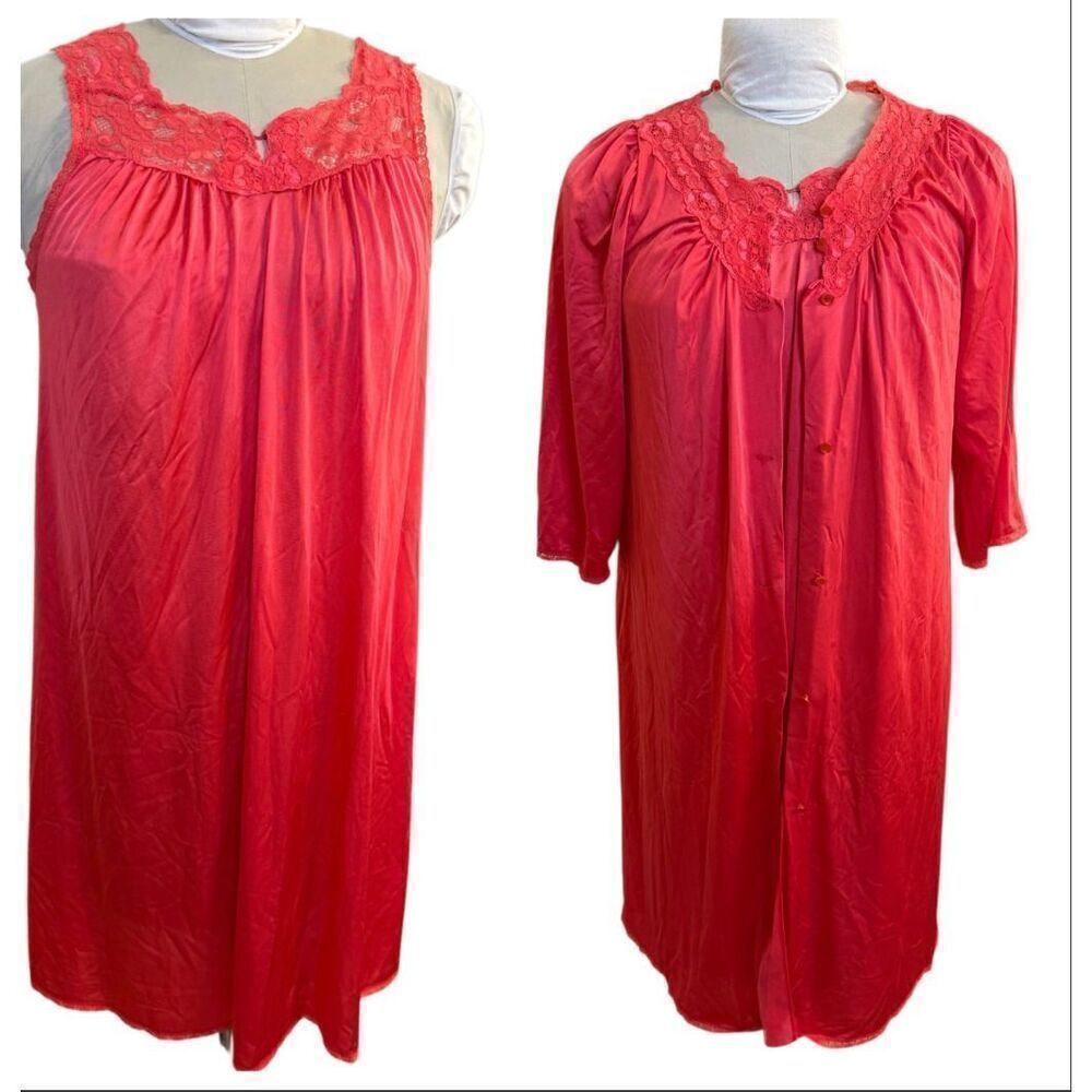 Women's Coral Lace-Trim Nightgown & Robe Set
